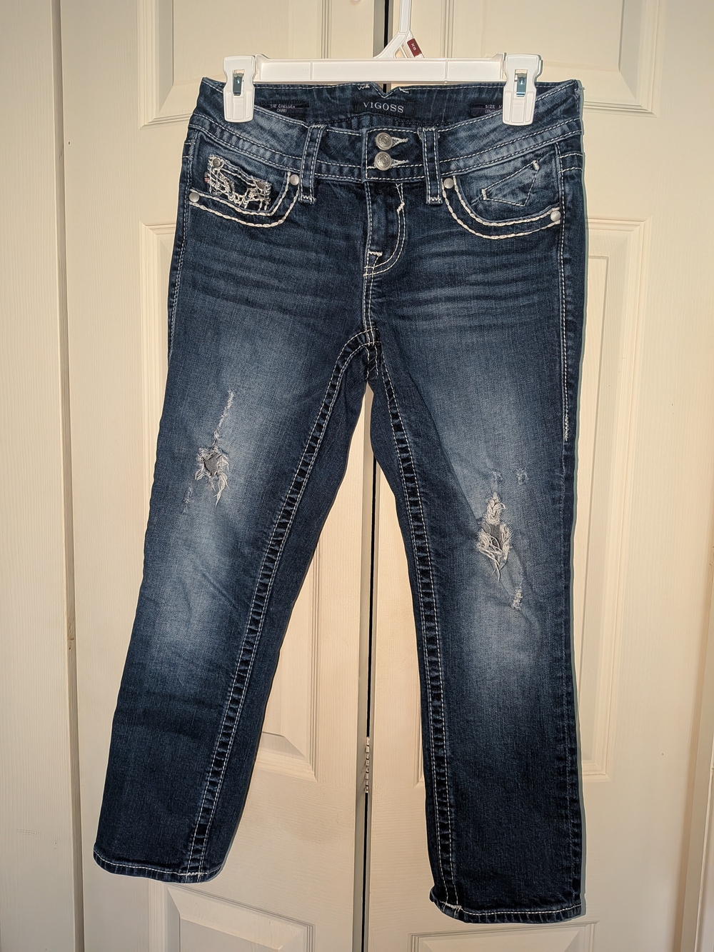 Vintage Y2K Vigoss Women's Dark Indigo Distressed Capri Jeans